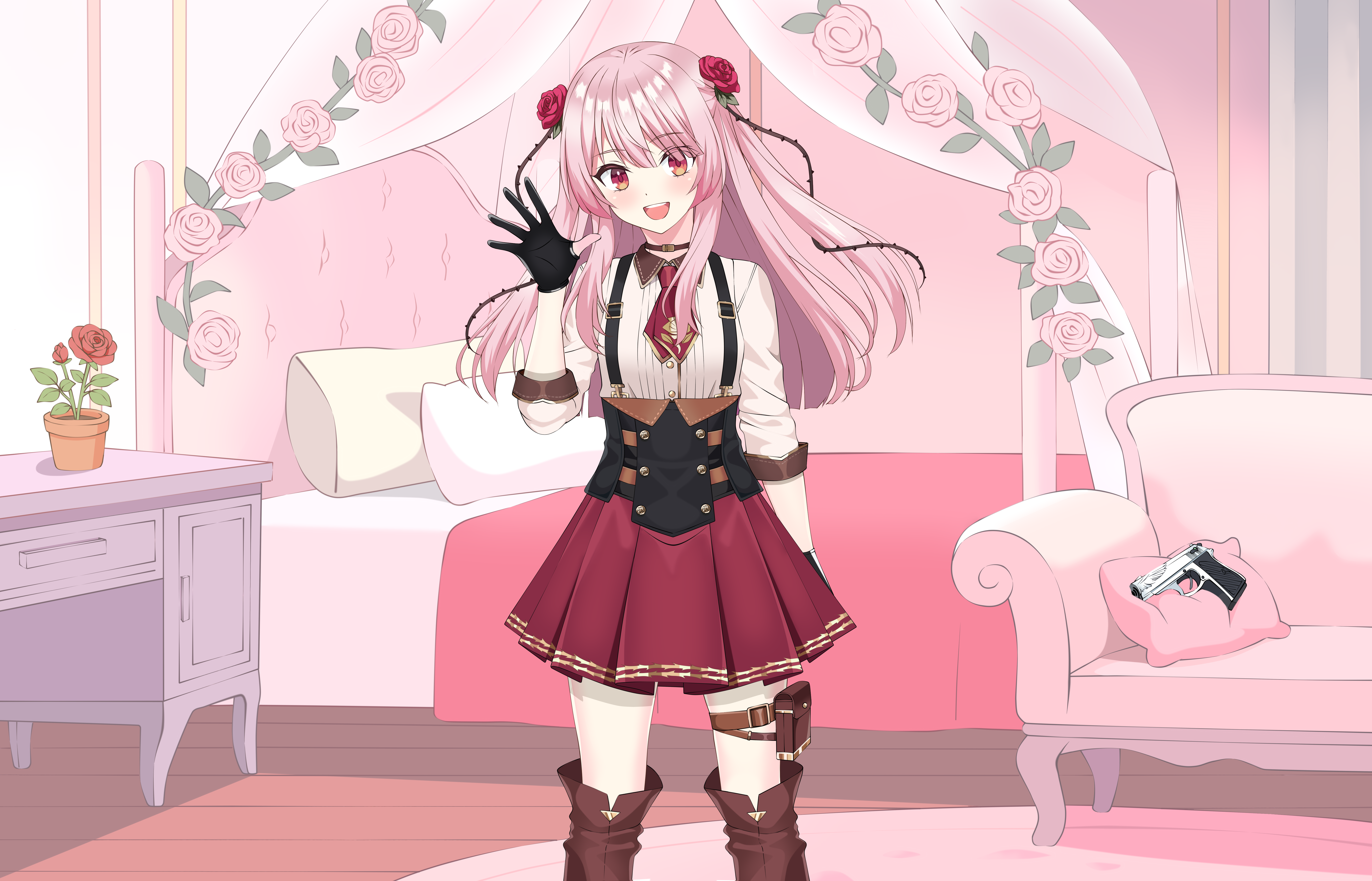 kiniro tofu, rosemi lovelock, rosemi lovelock (military), nijisanji, nijisanji en, commission, highres, 1girl, armchair, bed, bed sheet, blush, boots, breasts, chair, cupboard, dress, eyebrows hidden by hair, eyelashes, flower, gloves, gun, hair flower, hair ornament, handgun, holster, holstered, indoors, knee up, knees up, long hair, looking at viewer, nose, open mouth, pillow, pink hair, pistol, plant, potted plant, red eyes, rose, shoes, skirt, smile, solo, standing, teeth, thorns, tongue, virtual youtuber, weapon