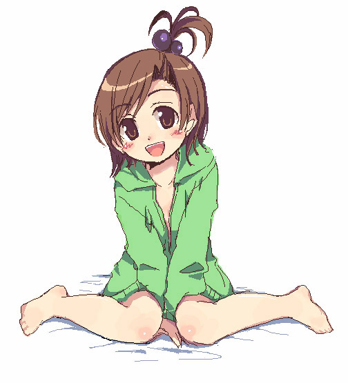 hamayumiba sou, futami mami, idolmaster, idolmaster (classic), idolmaster 1, 00s, 1girl, barefoot, female focus, oekaki, side ponytail, sitting, solo, wariza