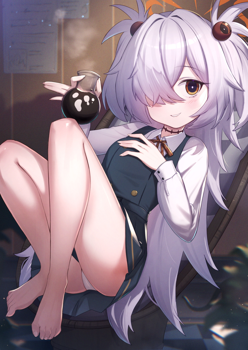 uneg, kanoe (blue archive), blue archive, commentary, highres, symbol-only commentary, 1girl, bags under eyes, barefoot, breasts, dress, hair over one eye, halo, long hair, long sleeves, looking at viewer, orange eyes, orange halo, panties, shirt, sleeveless, sleeveless dress, small breasts, smile, solo, toes, two side up, underwear, white panties, white shirt