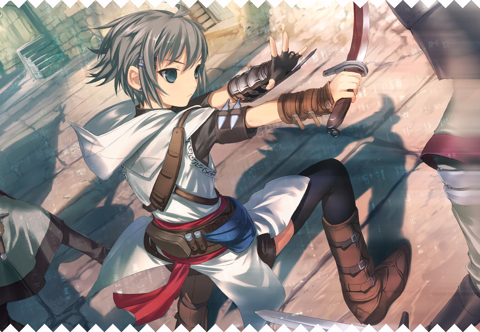 uni (plastic girl), altair ibn la-ahad, assassin's creed, assassin's creed (series), gender request, 1girl, ahoge, alley, battle, belt, black thighhighs, blue eyes, buckle, cape, concealed weapon, day, door, earrings, fighting, genderswap, hair ornament, hairclip, hidden blade (assassin's creed), holding, holding sword, holding weapon, hood, jewelry, knife, outdoors, robe, short hair, solo focus, stairs, stud earrings, sword, templar, thighhighs, vambraces, weapon