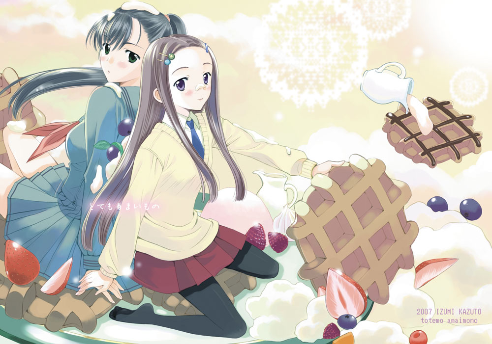 kazuto izumi, original, 2girls, blueberry, food, fruit, multiple girls, pantyhose, school uniform, serafuku, strawberry, sweater, waffle