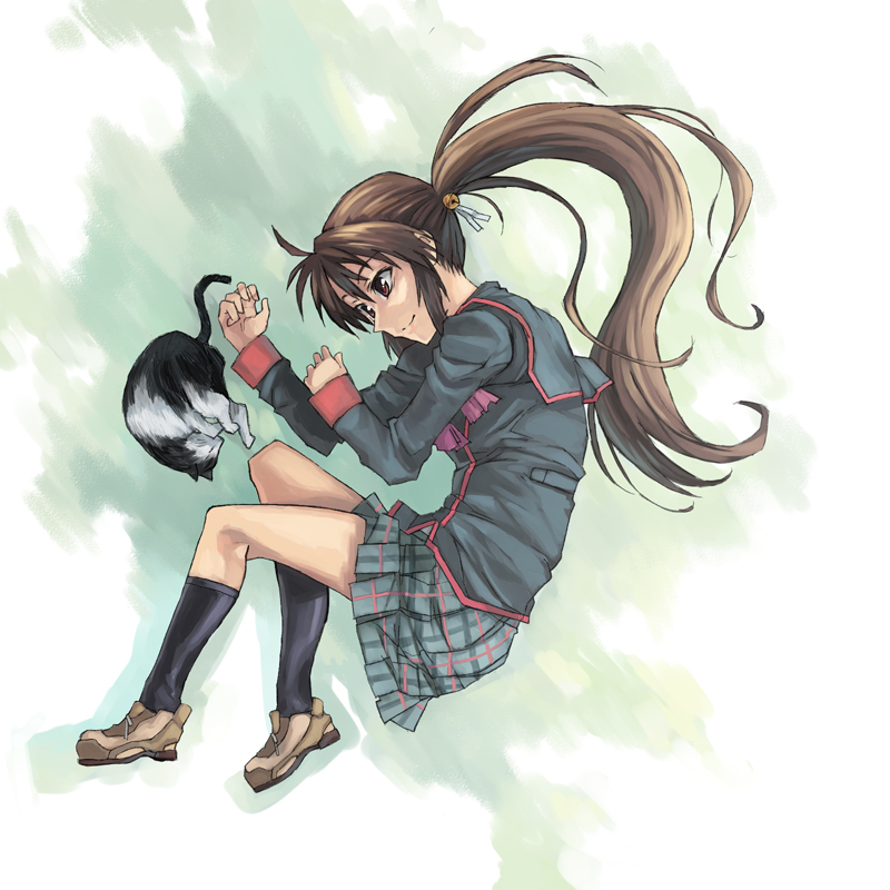 kno1, natsume rin, little busters!, 1girl, black serafuku, black socks, cat, female focus, fetal position, from side, full body, green background, grey skirt, kneehighs, loafers, long hair, long sleeves, plaid clothes, plaid skirt, pleated skirt, ponytail, profile, school uniform, serafuku, shoes, simple background, skirt, socks, solo