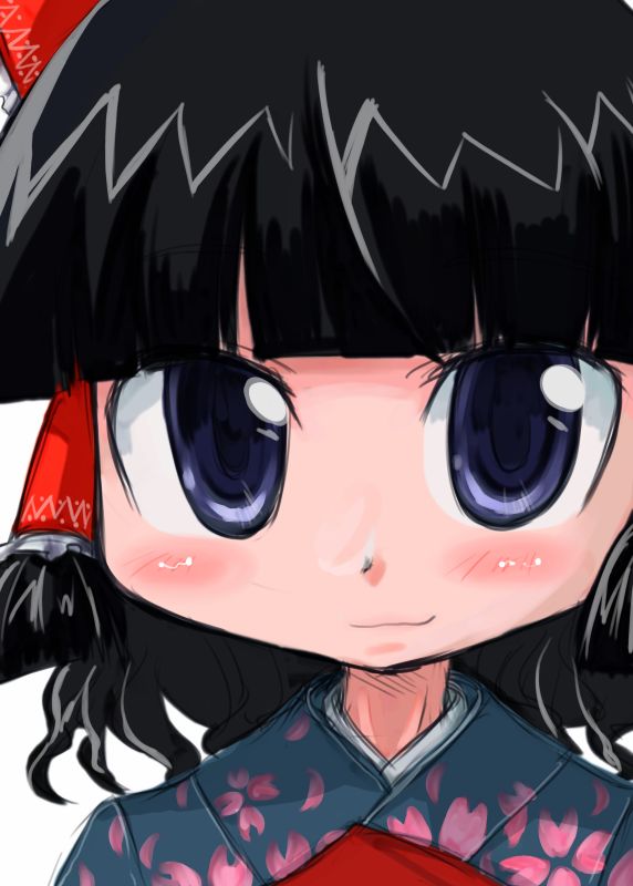 tao, tao (kadoya), hakurei reimu, touhou, 1girl, black hair, female focus, hair tubes, japanese clothes, portrait, short hair, simple background, smile, solo, upper body, white background