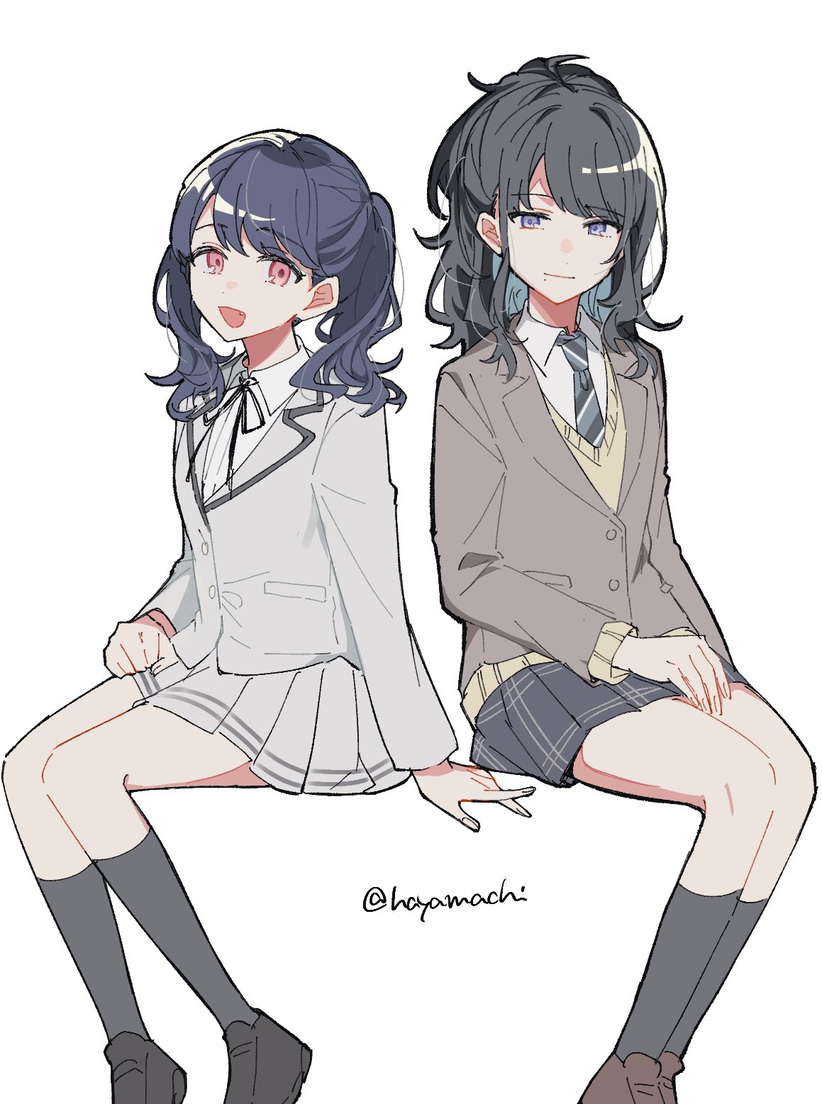 hayamachi, fukumaru koito, kazano hiori, idolmaster, idolmaster shiny colors, commentary request, highres, 2girls, black hair, black ribbon, black skirt, black socks, blazer, blue hair, dress shirt, fang, grey jacket, grey skirt, half updo, invisible chair, jacket, kneehighs, long sleeves, looking at viewer, mole, mole under mouth, multiple girls, neck ribbon, pleated skirt, ribbon, school uniform, shirt, simple background, sitting, skirt, smile, socks, sweater, twintails, twitter username, white shirt, yellow sweater