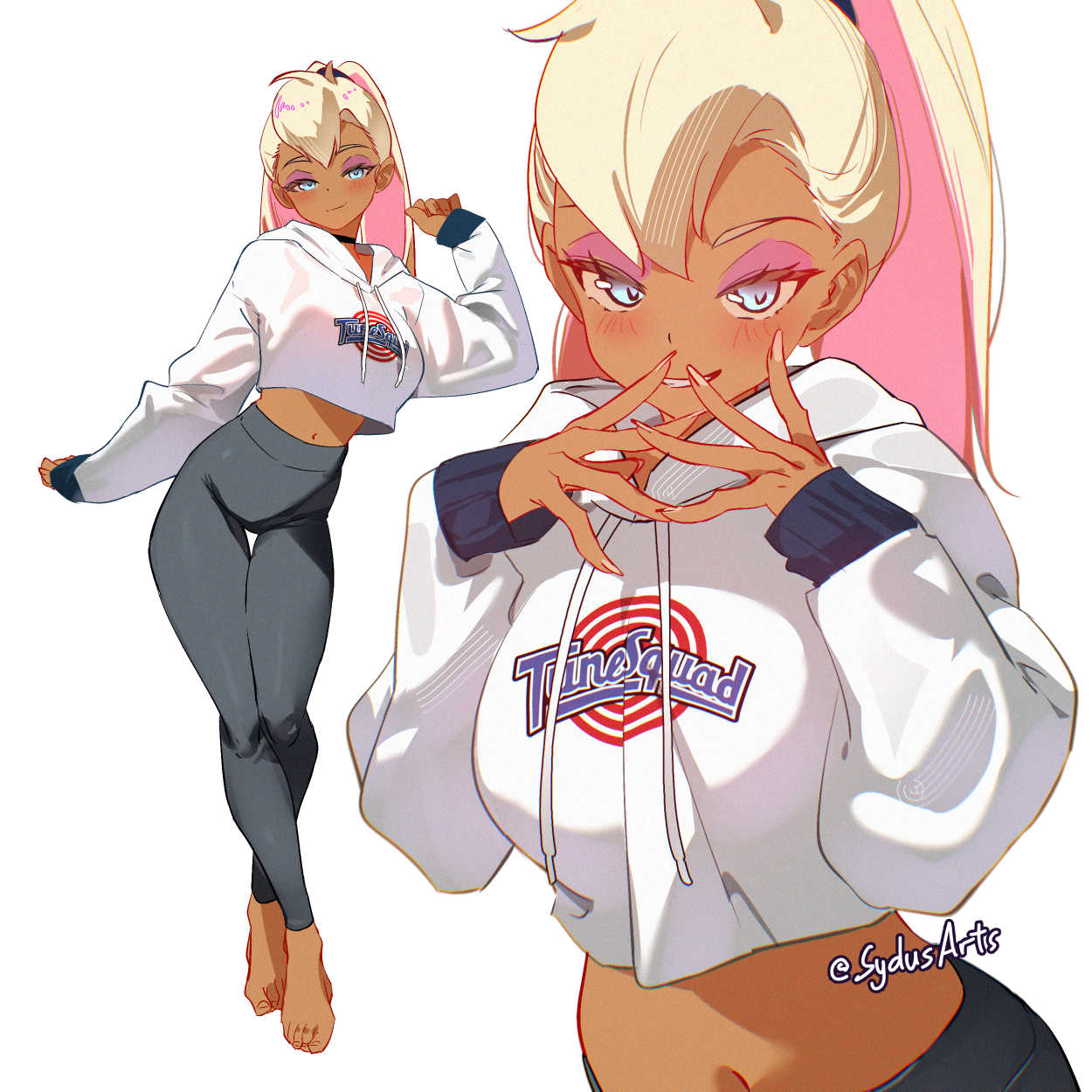 sydus, lola bunny, looney tunes, space jam, highres, 1girl, animification, black pants, blonde hair, clothes writing, colored inner hair, crop top, crop top overhang, dark-skinned female, dark skin, feet, fingernails, highleg, hood, hoodie, humanization, leggings, long fingernails, long sleeves, multicolored hair, navel, pants, pink hair, ponytail, twitter username, white hoodie, yoga pants