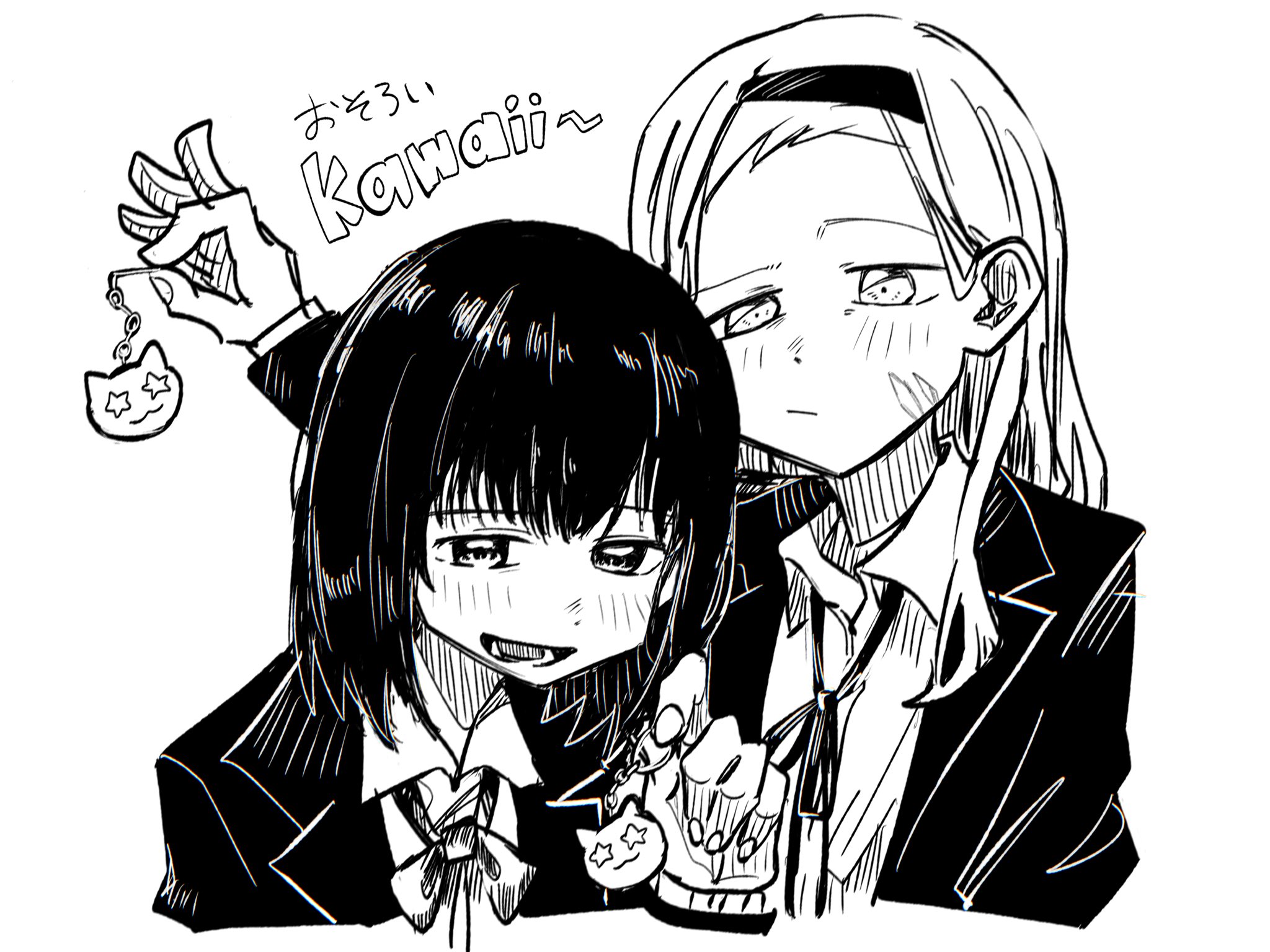 kirarazaka marina, kuze shizuka, takopii no genzai, highres, 2girls, black hair, blonde hair, blush, bow, bowtie, brown eyes, charm (object), holding, implied yuri, jacket, long hair, monochrome, multiple girls, open clothes, open jacket, school uniform, shirt, short hair, smile, tanaka www com, white shirt, yellow eyes