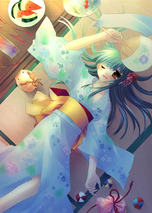 sakurazawa izumi, 1girl, blue kimono, female focus, festival, fish, food, from above, fruit, goldfish, green hair, hand fan, incense, japanese clothes, kimono, lying, on back, one eye closed, orange eyes, paper fan, pig, solo, tatami, uchiwa, watermelon, wind chime, wink, yukata