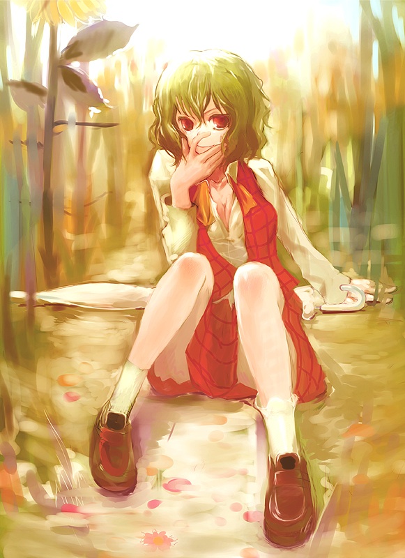 nokishita, kazami yuuka, touhou, duplicate, 1girl, ascot, breasts, cleavage, female focus, green hair, hand on own face, loafers, medium breasts, parasol, plaid clothes, plaid skirt, plaid vest, red eyes, shoes, short hair, sitting, skirt, skirt set, solo, umbrella, vest