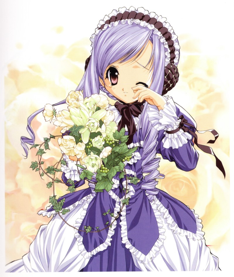 aria (sister princess), sister princess, official art, 00s, 1girl, black ribbon, bouquet, braid, cowboy shot, dress, drill hair, earmuffs, female focus, floral background, flower, frills, hairband, holding, holding flower, leaf, long hair, looking at viewer, one eye closed, plant, purple eyes, purple hair, ribbon, rose, smile, solo, swept bangs, tears, vines, white flower, white rose, wrist cuffs, wrist ribbon