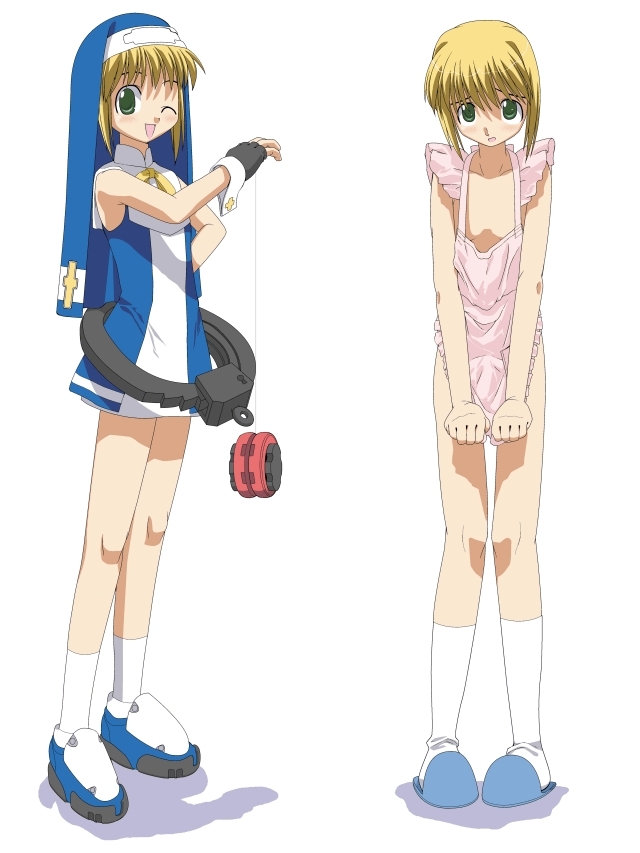 bridget (guilty gear), pico (boku no pico), arc system works, boku no pico, guilty gear, guilty gear xx, habit, artist request, 1boy, apron, blonde hair, blush, bridget (guilty gear) (cosplay), bulge, cosplay, covering privates, cross, crossdressing, crossdressing (mtf), crossover, cuffs, dress, dual persona, embarrassed, fingerless gloves, gloves, green eyes, handcuffs, legs, male focus, naked apron, nun, one eye closed, open mouth, short hair, shota, slippers, socks, solo, trap, wink, wrist cuffs, yo-yo
