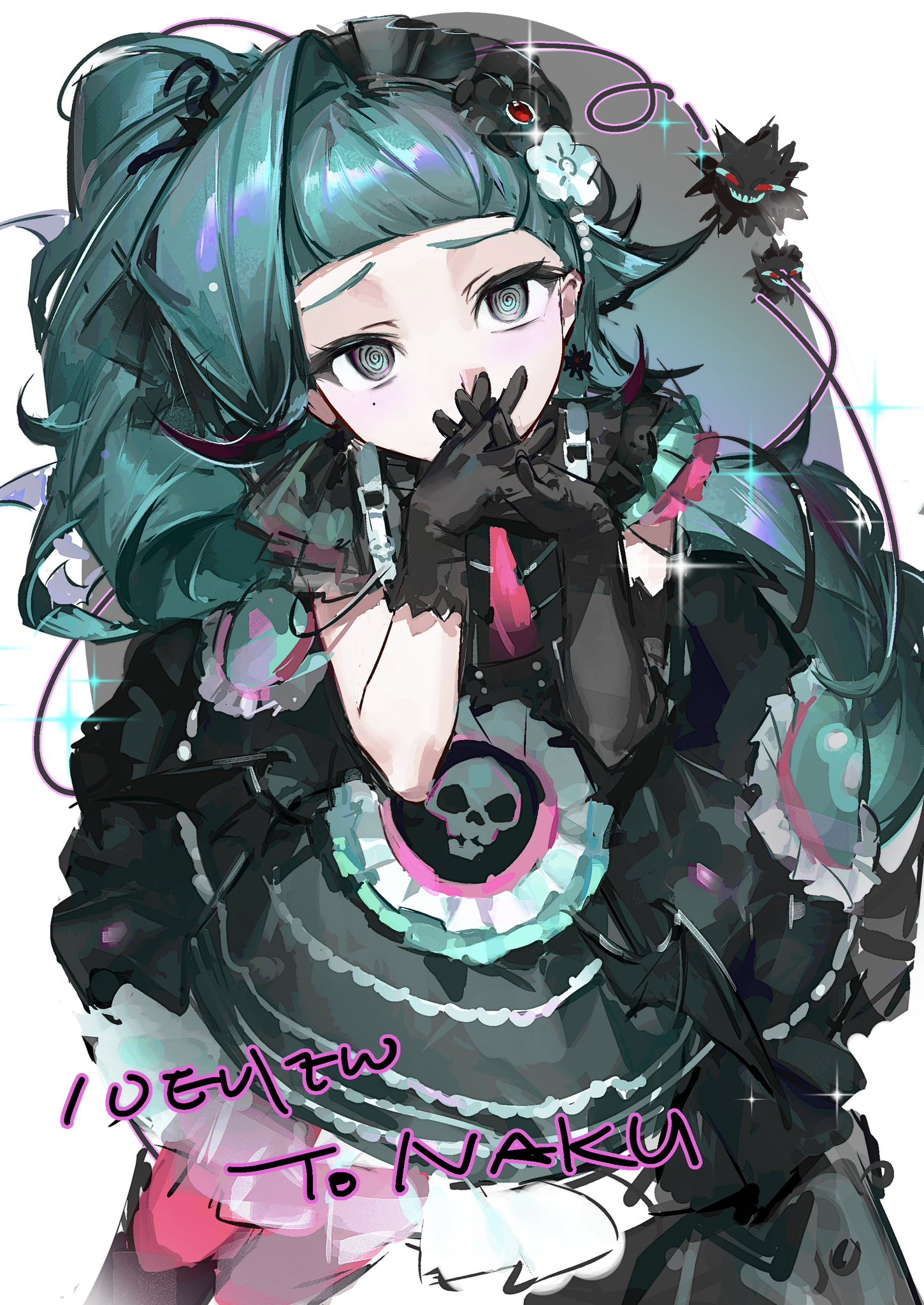 beidieryou, original, highres, 1girl, aqua eyes, aqua hair, asymmetrical gloves, black dress, black gloves, covered mouth, dress, elbow gloves, flower, from above, gloves, hair flower, hair ornament, hands up, long hair, looking at viewer, mismatched gloves, puffy short sleeves, puffy sleeves, short sleeves, single elbow glove, solo, white background, white flower