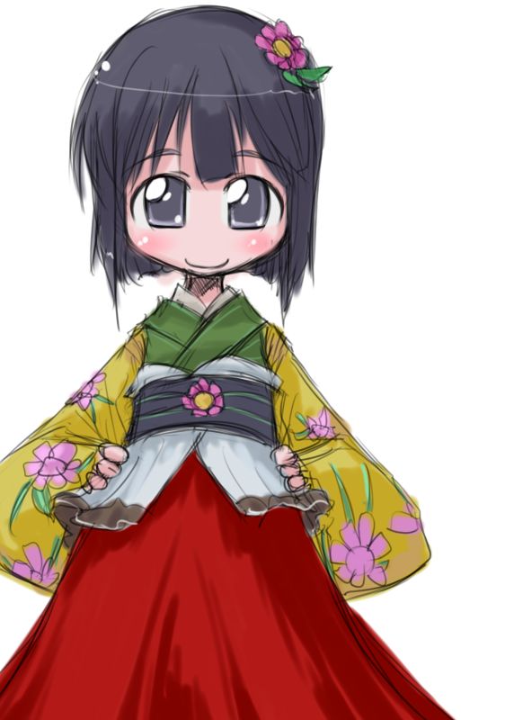 tao, tao (kadoya), hieda no akyuu, perfect memento in strict sense, touhou, 1girl, alternate eye color, alternate hair color, black eyes, black hair, cowboy shot, female focus, floral print, flower, hair flower, hair ornament, hakama, hakama short skirt, hakama skirt, heida no akyuu, japanese clothes, kimono, long sleeves, looking at viewer, red skirt, sash, simple background, skirt, smile, solo, white background, wide sleeves