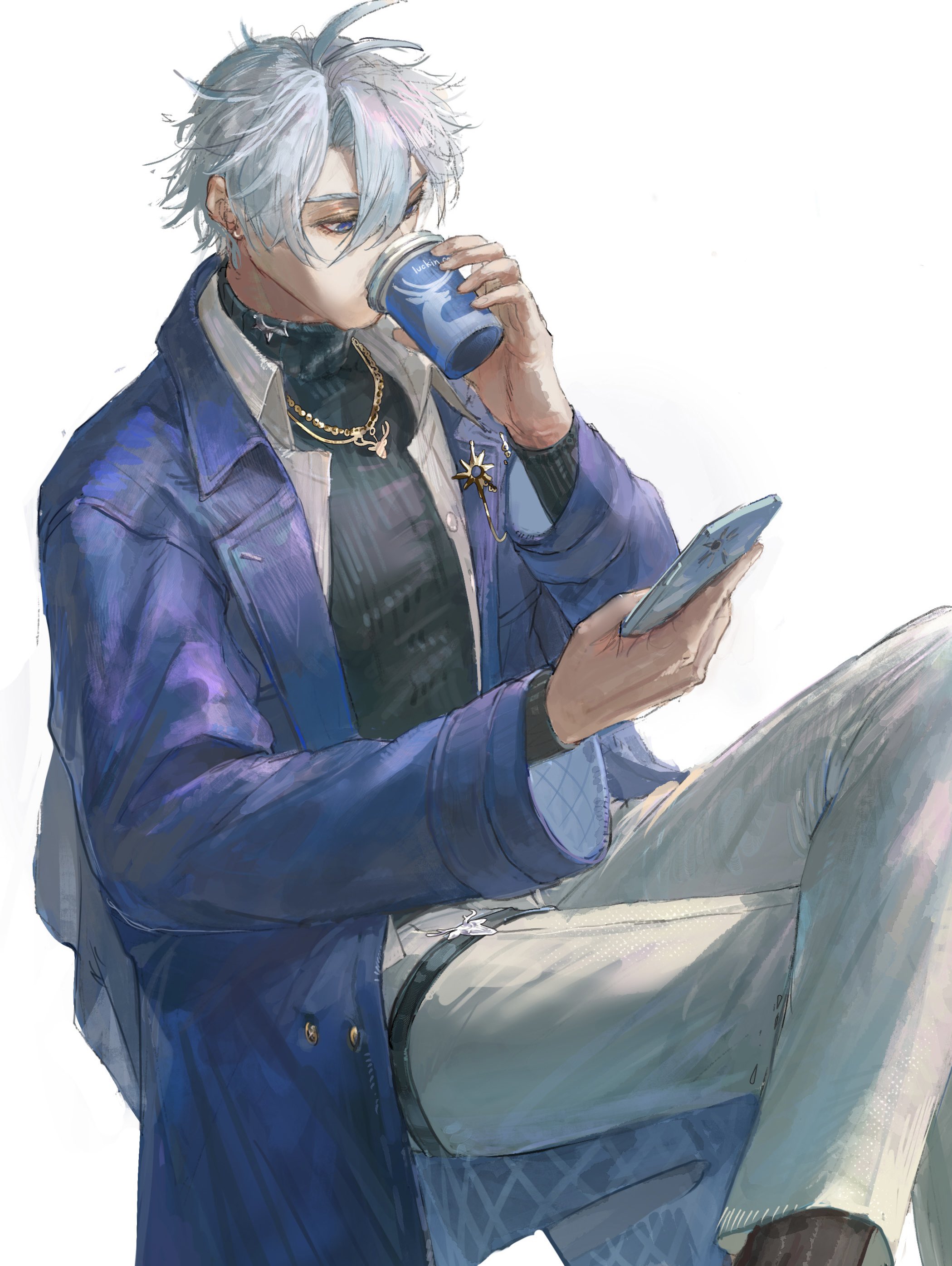 aonon 040, phainon (honkai: star rail), honkai: star rail, honkai (series), absurdres, highres, 1boy, antenna hair, black sweater, blue coat, blue eyes, coat, crossed bangs, crossed legs, cup, disposable cup, drinking, grey hair, hair between eyes, holding, holding cup, jewelry, looking at phone, male focus, necklace, official alternate costume, open clothes, open coat, open shirt, pants, parted bangs, phainon (luckin coffee) (honkai: star rail), phone, shirt, short hair, simple background, sitting, solo, sweater, turtleneck, turtleneck sweater, white background, white pants, white shirt, yellow pupils