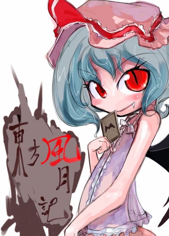 tao, tao (kadoya), remilia scarlet, touhou, silver hair, 1girl, bat wings, cowboy shot, dress, fang, female focus, frills, hat, looking at viewer, mob cap, pink dress, pink hat, red eyes, short hair, simple background, sleeveless, sleeveless dress, slit pupils, solo, vampire, white background, wings