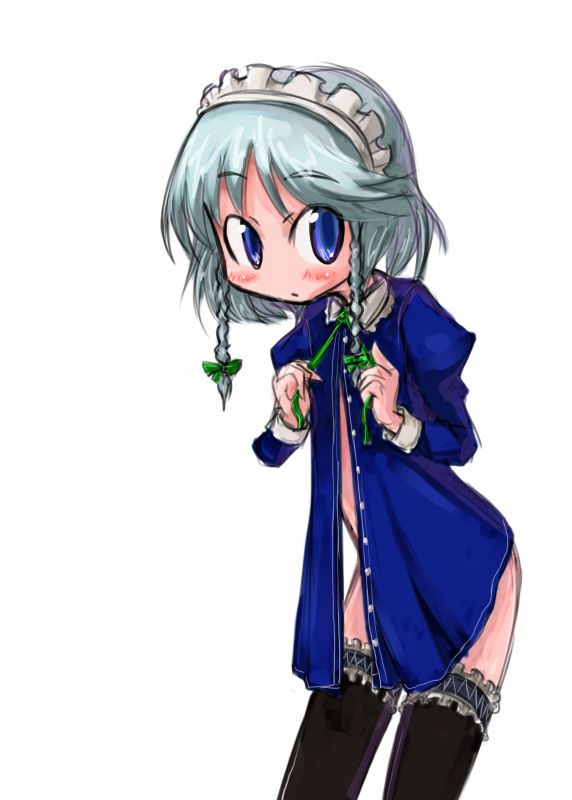 tao, tao (kadoya), izayoi sakuya, touhou, silver hair, 1girl, blush, braid, dressing, female focus, short hair, solo, thighhighs, twin braids