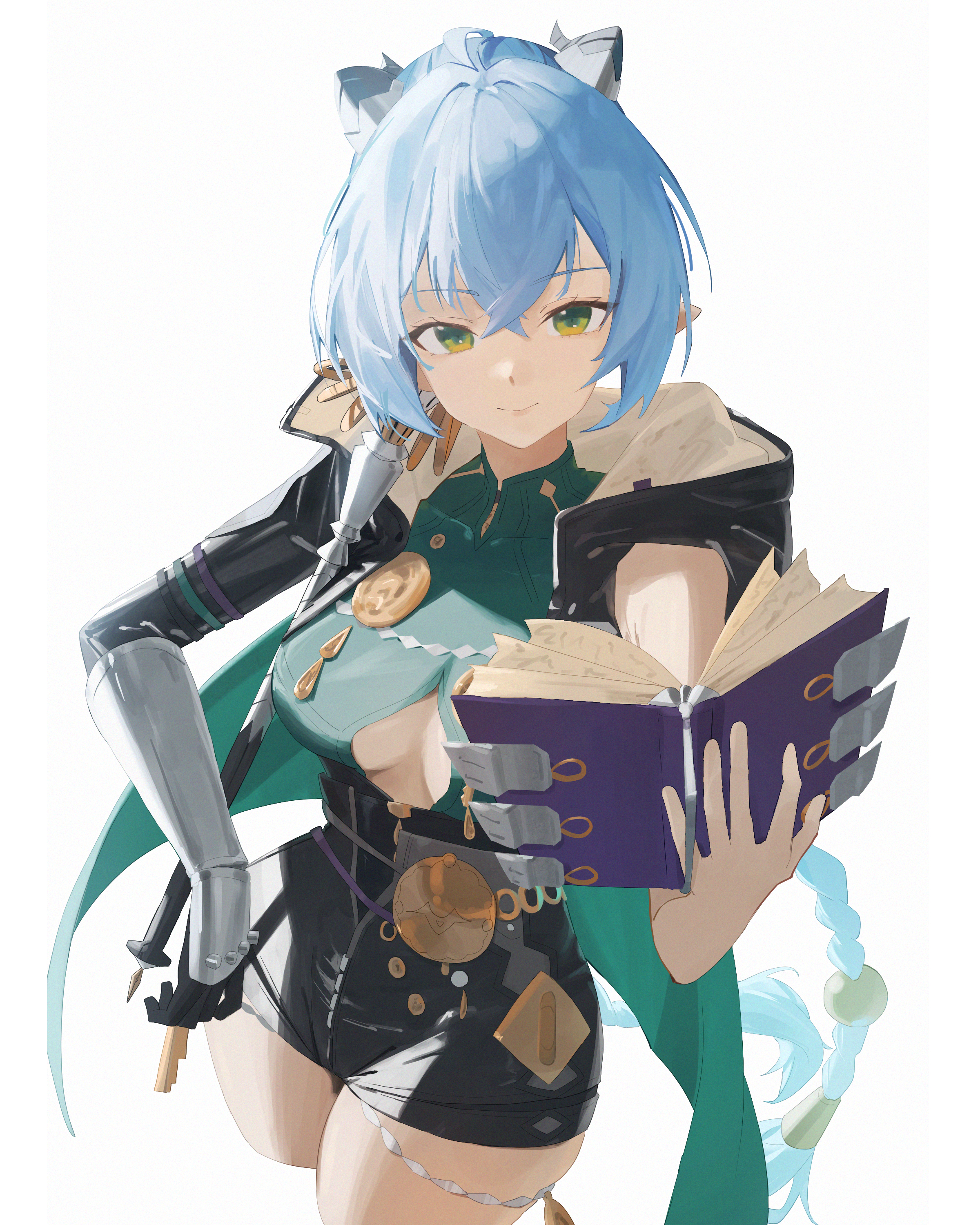 lupinu5, lucia (zenless zone zero), zenless zone zero, absurdres, highres, 1girl, black shorts, blue hair, book, braid, breasts, cape, cleavage cutout, closed mouth, clothing cutout, cropped legs, green cape, green eyes, green shirt, hand on own hip, high-waist shorts, holding, holding book, holding staff, looking at viewer, low twin braids, medium breasts, open mouth, pointy ears, shirt, shorts, simple background, sleeveless, sleeveless jacket, smile, solo, staff, twin braids, white background