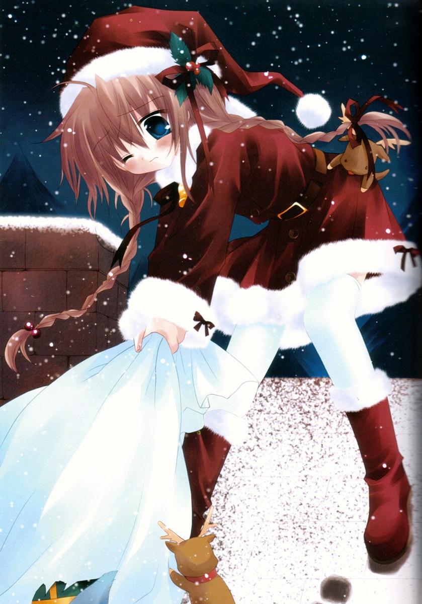 sakurazawa izumi, santa boots, highres, 1girl, belt, blue eyes, boots, braid, brown hair, christmas, female focus, hat, holly, long hair, night, one eye closed, reindeer, rooftop, sack, santa costume, santa hat, sky, snow, snowing, solo, thighhighs, twin braids, white thighhighs, winter
