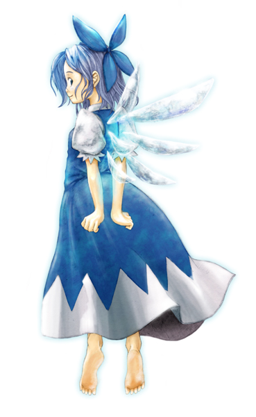 ishiatama, cirno, embodiment of scarlet devil, touhou, 1girl, barefoot, bow, feet, female focus, full body, hair bow, simple background, solo, white background, wings