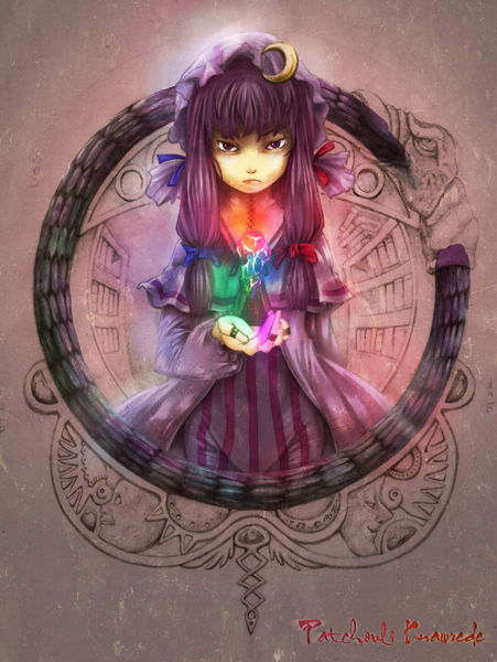 ishiatama, patchouli knowledge, touhou, 1girl, bookshelf, brown background, crescent, dress, expressionless, female focus, frills, hat, jewelry, library, long sleeves, looking at viewer, magic, mob cap, purple dress, purple eyes, purple hair, ring, serious, shaded face, simple background, solo, striped clothes, striped dress, text focus, vertical-striped clothes, vertical-striped dress, voile