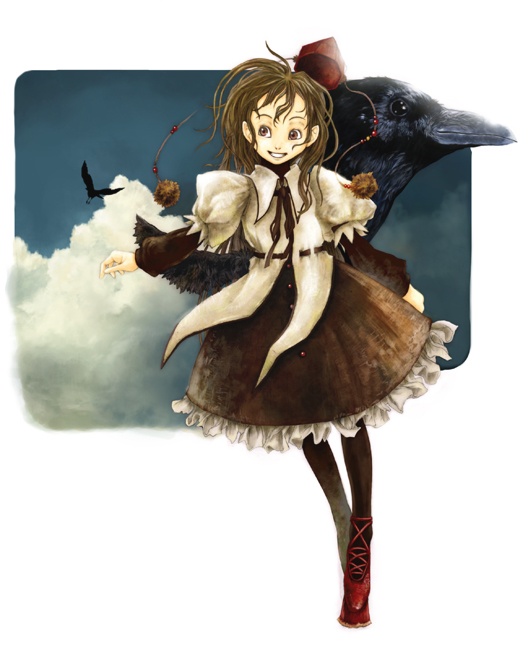 ishiatama, shameimaru aya, touhou, looking away, 1girl, bird, female focus, geta, hat, open mouth, pantyhose, smile, solo, tengu-geta