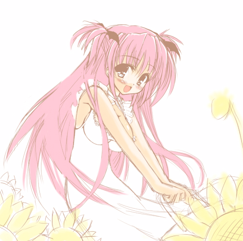 ayuhara hiiro, nanaki seiju, tsukimura mayu, goshuushou-sama ninomiya-kun, lowres, 00s, 1girl, :d, breasts, brown eyes, dress, female focus, large breasts, long hair, looking at viewer, open mouth, pink hair, purple eyes, sidelocks, simple background, sleeveless, sleeveless dress, smile, solo, sundress, very long hair, white background, white dress