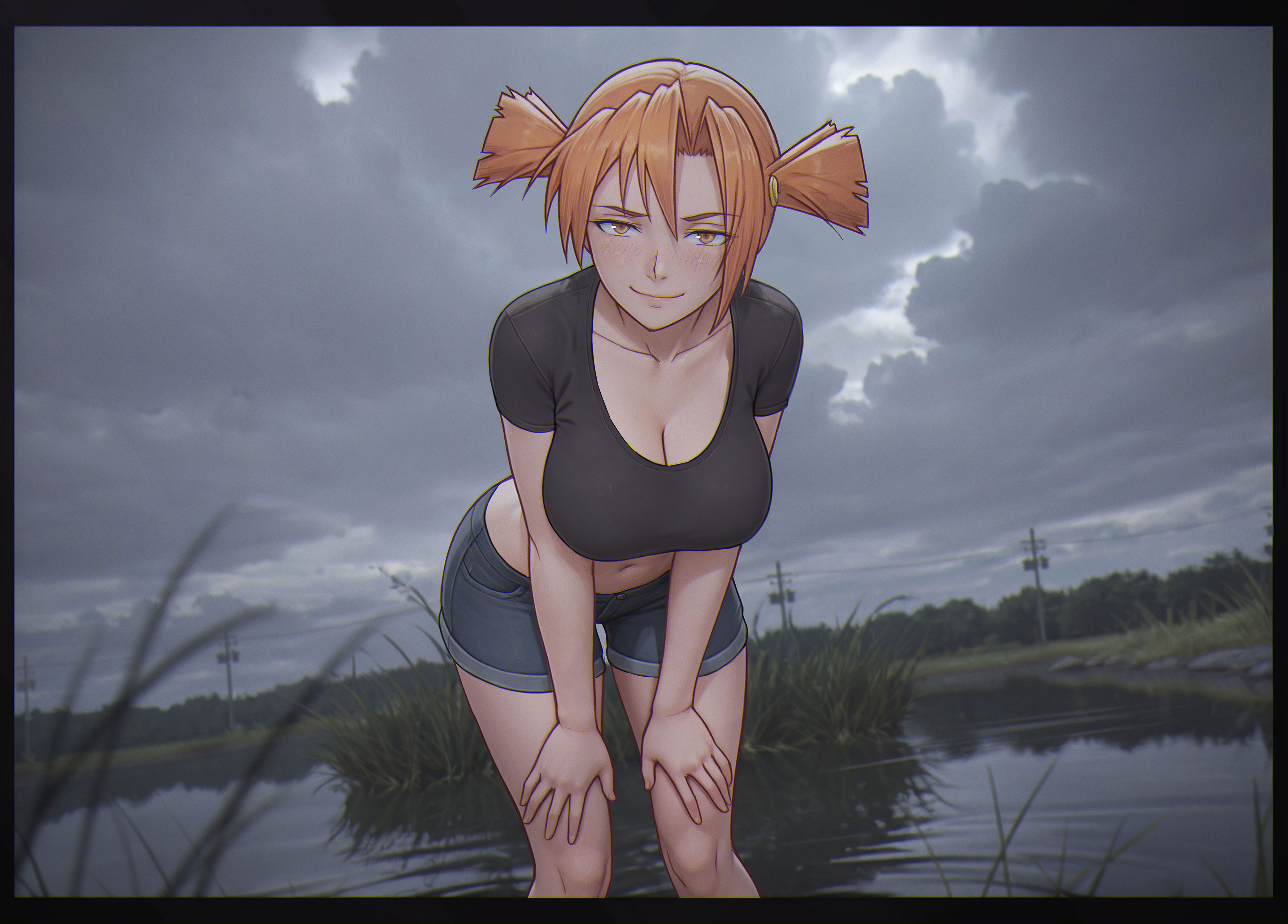 leonzo, dvach-tan, everlasting summer, absurdres, highres, variant set, 1girl, black shirt, black shorts, breasts, closed mouth, cloud, cloudy sky, collarbone, hands on own thighs, looking at viewer, navel, orange eyes, orange hair, photo background, power lines, shirt, short hair, short shorts, short sleeves, shorts, sky, smile, solo, stomach, t-shirt, thighs, twintails, utility pole
