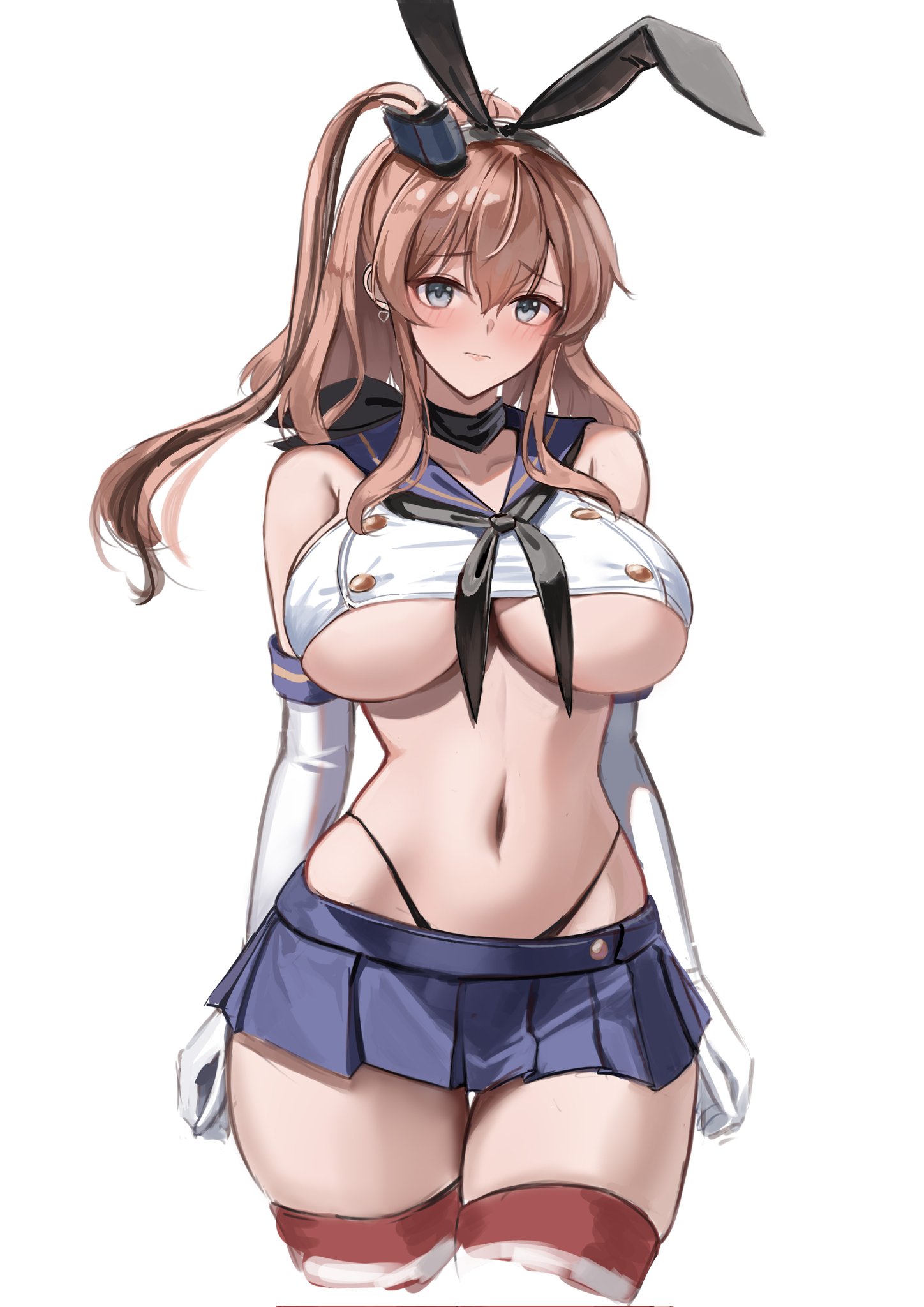 dimos (dawn 1945), saratoga (kancolle), shimakaze (kancolle), kantai collection, highres, black neckerchief, black panties, blue skirt, breasts, brown hair, cosplay, crop top, elbow gloves, gloves, hairband, high side ponytail, highleg, highleg panties, horizontal-striped thighhighs, large breasts, long hair, microskirt, neckerchief, panties, ponytail, sailor collar, shimakaze (kancolle) (cosplay), side ponytail, skirt, smokestack, smokestack hair ornament, striped clothes, striped thighhighs, thighhighs, underboob, underwear, white gloves