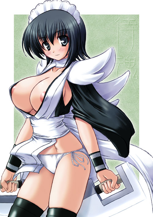 abu, iroha (samurai spirits), samurai spirits, snk, 1girl, areola slip, black eyes, black hair, blush, boots, bracelet, breasts, butterfly swords, cameltoe, cleavage, covered erect nipples, dress, female focus, hair ornament, hairband, hat, highleg, huge breasts, japanese clothes, jewelry, large breasts, legs, lingerie, looking at viewer, maid, necklace, nipple slip, nipples, no bra, open clothes, open shirt, panties, pantyshot, revealing clothes, shirt, short hair, sideboob, simple background, solo, standing, sword, thigh boots, thighhighs, thighs, underwear, weapon