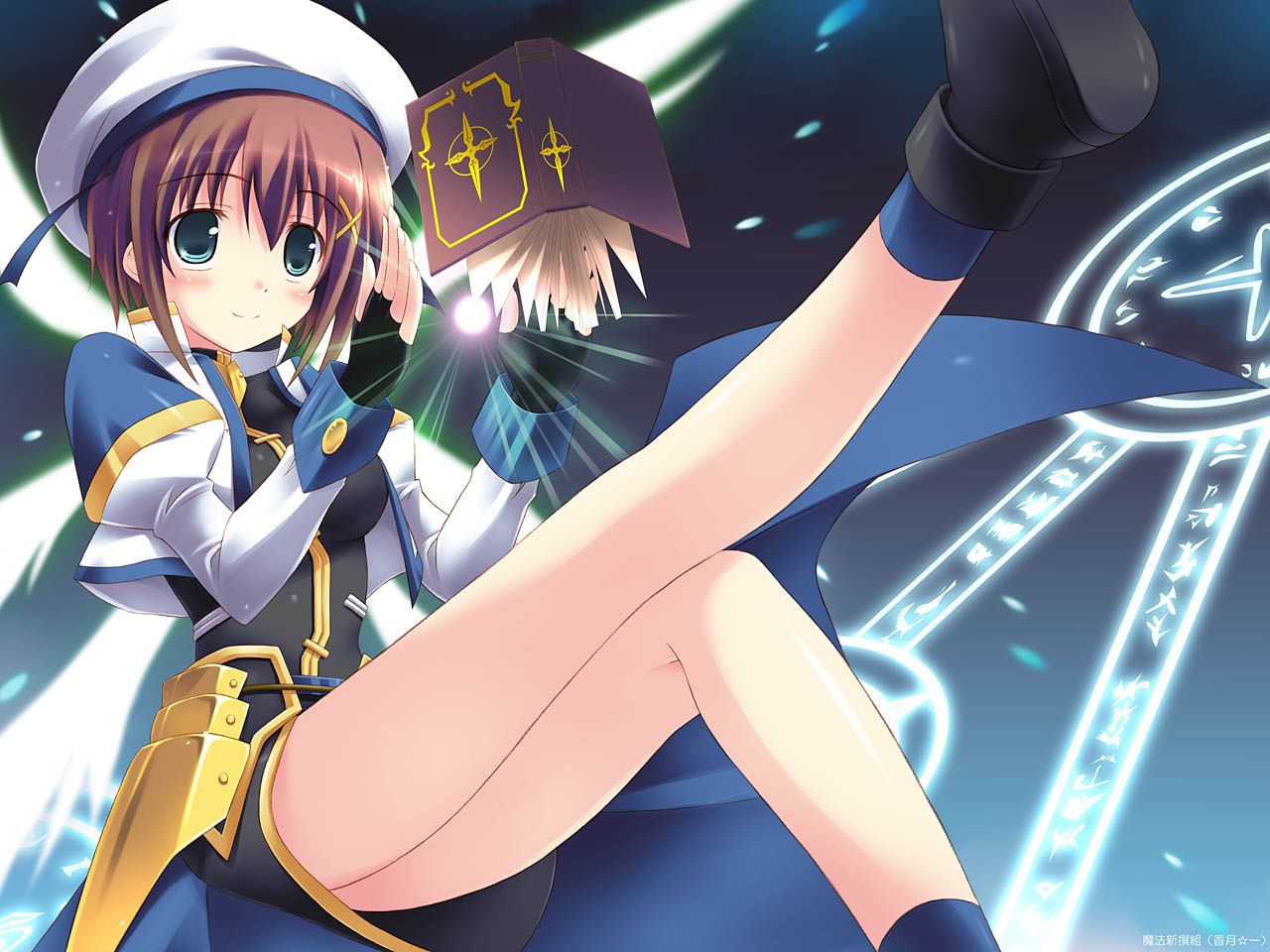 kouzuki hajime, tome of the night sky, yagami hayate, lyrical nanoha, mahou shoujo lyrical nanoha, mahou shoujo lyrical nanoha strikers, 00s, 1girl, book, female focus, hair ornament, magic circle, solo, x hair ornament