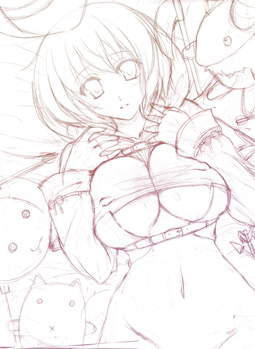 kawase seiki, hunter (ragnarok online), ragnarok online, 1girl, breasts, breasts squeezed together, covered erect nipples, female focus, hunter, large breasts, monochrome, sketch, solo, underboob