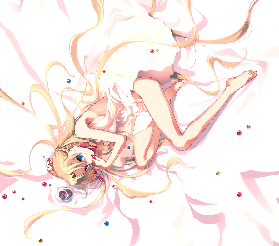 ishida akira, original, bed, blonde hair, blue eyes, candy, food, from above, jar, long hair, looking up, lying, no panties, solo
