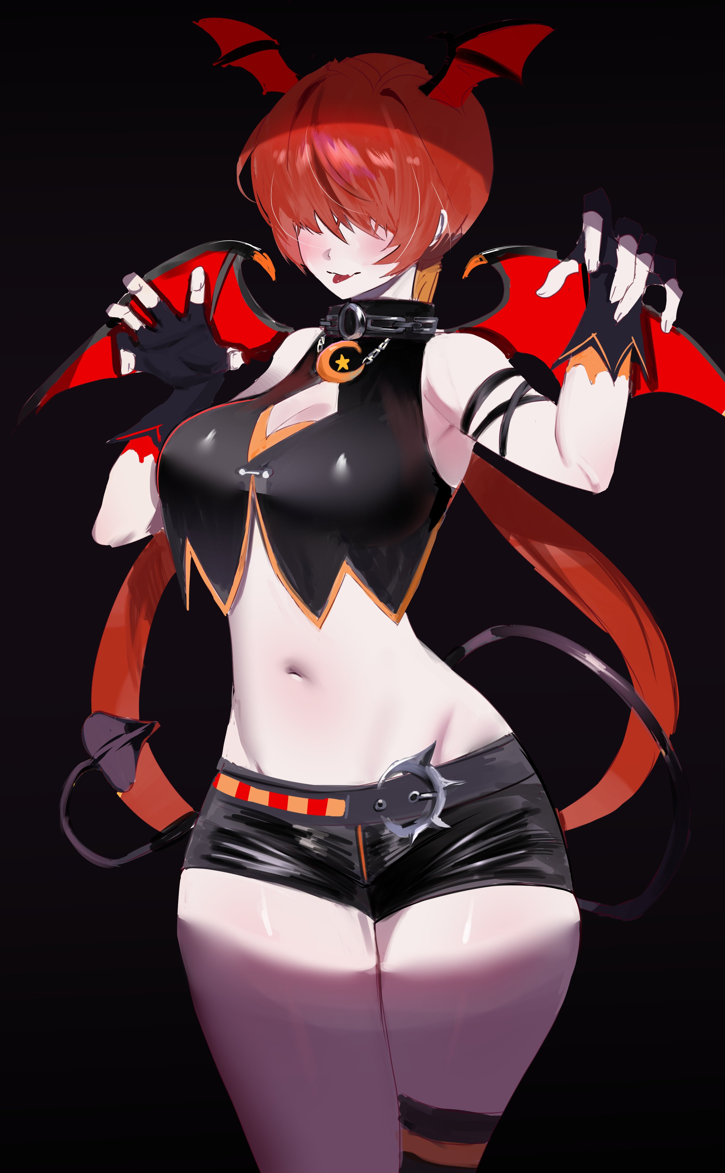 dan koflove, shermie (kof), the king of fighters, 1girl, breasts, cleavage cutout, clothing cutout, costume, curvy, gloves, halloween, halloween costume, huge breasts, large breasts, long hair, pale skin, pants, ponytail, red hair, shiny clothes, shorts, socks, standing, tail, thick thighs, thighs, twintails, wide hips, wings