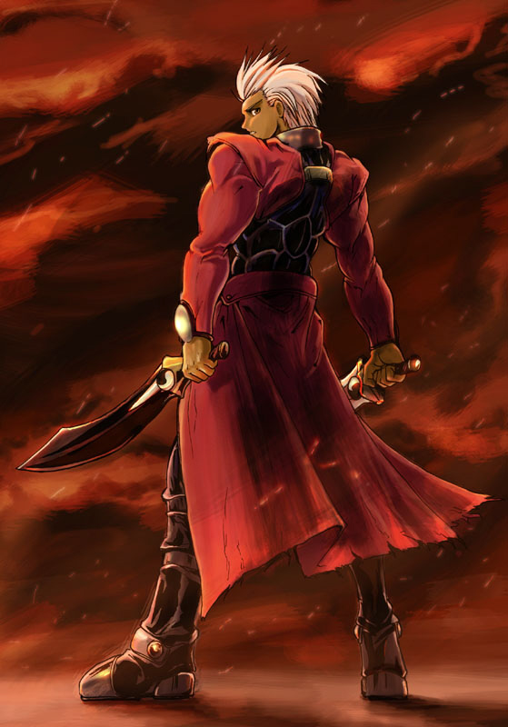 archer (fate), fate/stay night, fate (series), 00s, 1boy, dark-skinned male, dark skin, kanshou & bakuya (fate), long coat, male focus, solo, sword, weapon, white hair