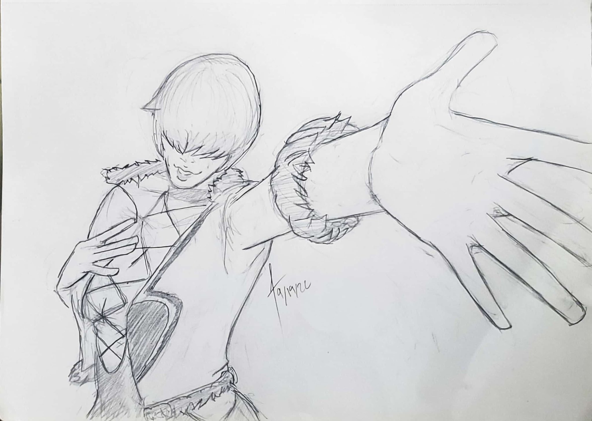 shermie (kof), the king of fighters, 1girl, breasts, dress, fishnets, hand on own chest, hand up, hfshermie, jacket, large breasts, long hair, smile, wide hips