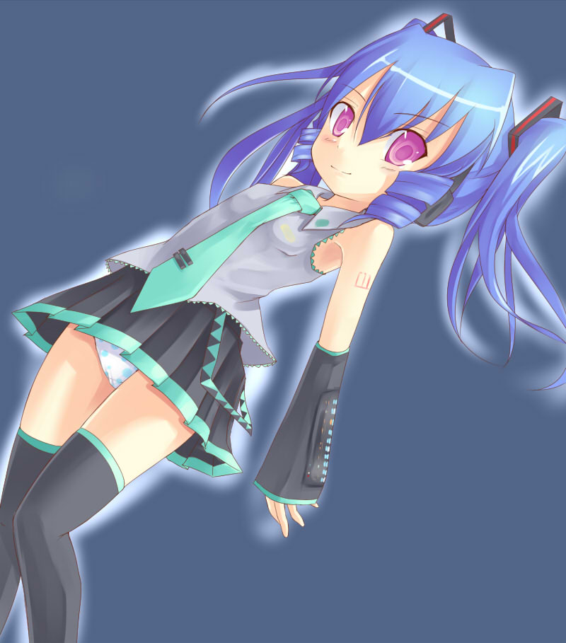 kuro (be ok), hatsune miku, original, vocaloid, 1girl, blue hair, cosplay, female focus, hatsune miku (cosplay), long hair, necktie, panties, pantyshot, pink eyes, solo, thighhighs, underwear