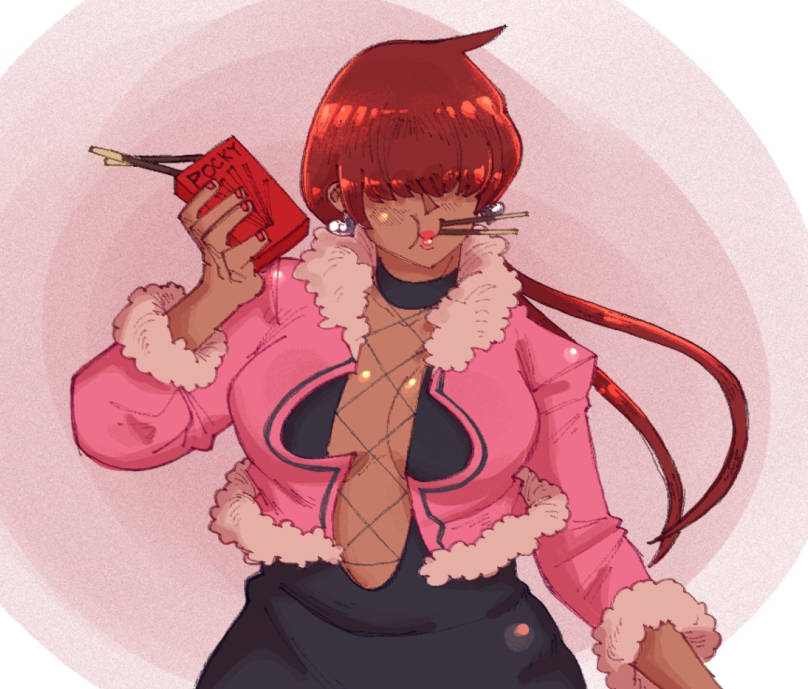 1shermieaday, shermie (kof), the king of fighters, 1girl, breasts, curvy, dark-skinned female, dark skin, dress, earrings, food, heart, huge breasts, jacket, jewelry, large breasts, long hair, ponytail, red hair, tan, twintails, wide hips