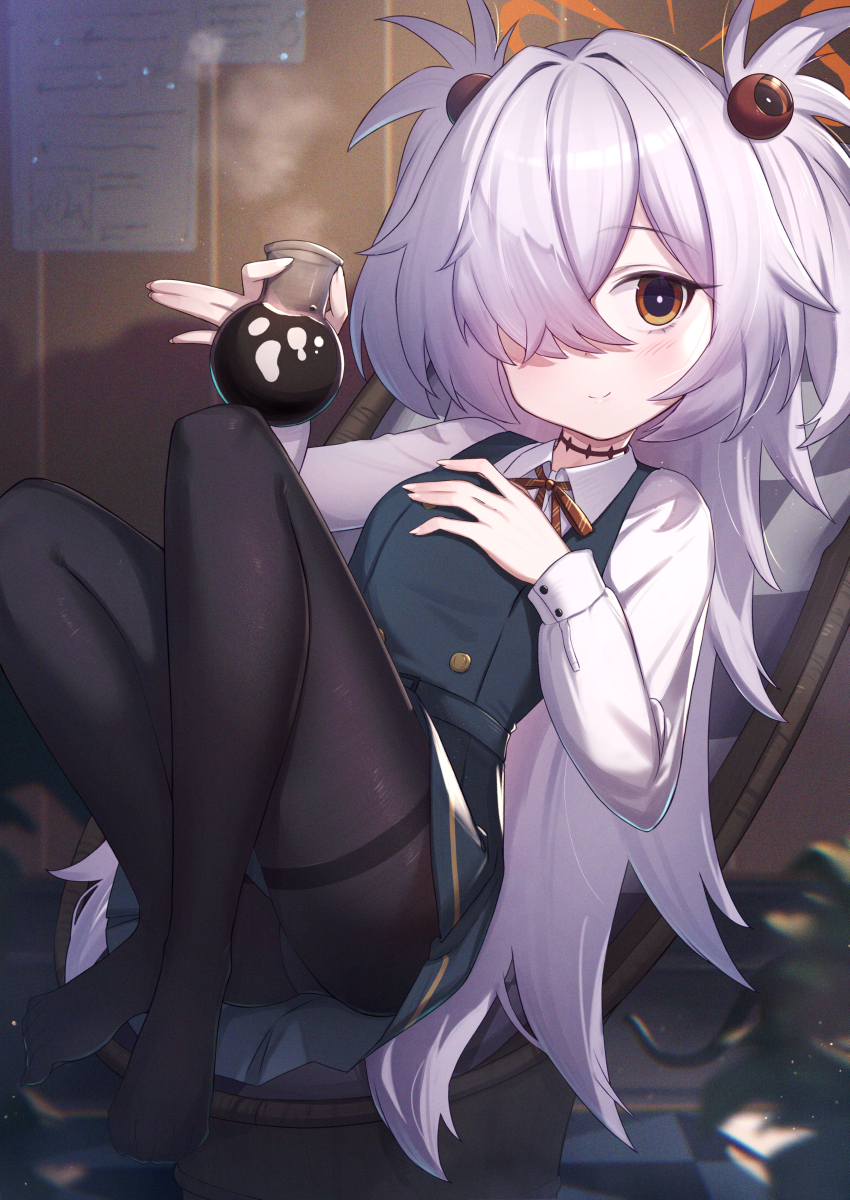 uneg, kanoe (blue archive), blue archive, commentary, highres, symbol-only commentary, 1girl, bags under eyes, black pantyhose, breasts, dress, hair over one eye, halo, long hair, looking at viewer, orange eyes, orange halo, pantyhose, shirt, sleeveless, sleeveless dress, small breasts, smile, solo, white shirt