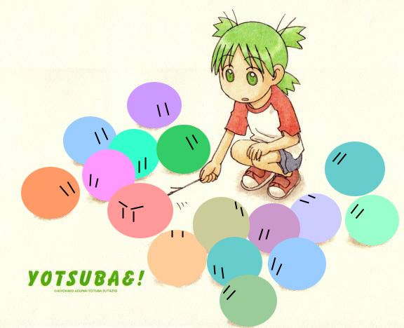 koiwai yotsuba, clannad, dango daikazoku, yotsubato!, beige background, 1girl, child, creature, crossover, dango, female focus, food, full body, green eyes, green hair, matching hair/eyes, parody, poking, quad tails, raglan sleeves, shirt, short hair, shorts, simple background, solo, stick, t-shirt, wagashi, | |