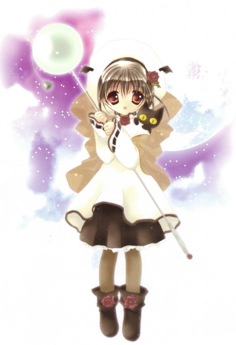 koge donbo, shia, nyaa-san, shia (pita ten), pita ten, highres, scan, 1girl, animal, animal on shoulder, bell, black cat, boots, brown pantyhose, cat, dress, female focus, flower, full body, hat, holding, looking at viewer, pantyhose, red eyes, red flower, red rose, ribbon-trimmed sleeves, ribbon trim, rose, solo, standing