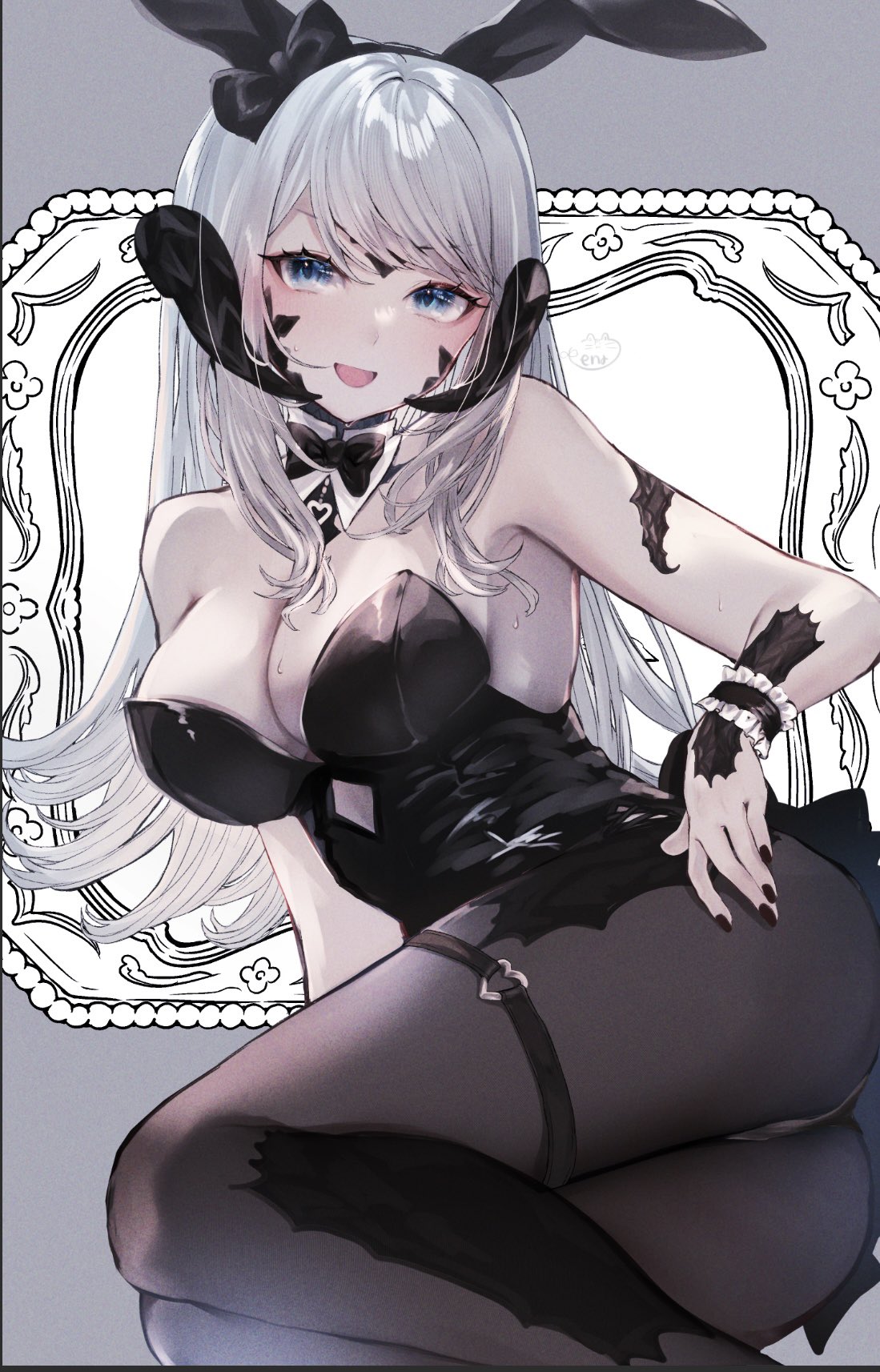 lena (lenafenrir1), warrior of light (ff14), final fantasy, final fantasy xiv, highres, 1girl, animal ears, au ra, bare arms, bare shoulders, black leotard, black nails, blue eyes, bow, bowtie, breasts, bunny day, detached collar, dragon girl, dragon horns, dragon tail, fake animal ears, frilled wrist cuffs, frills, grey hair, heart, heart o-ring, horns, leotard, long hair, looking at viewer, lying, o-ring, on side, open mouth, pantyhose, playboy bunny, rabbit ears, scales, solo, strapless, strapless leotard, tail, thigh strap, wrist cuffs