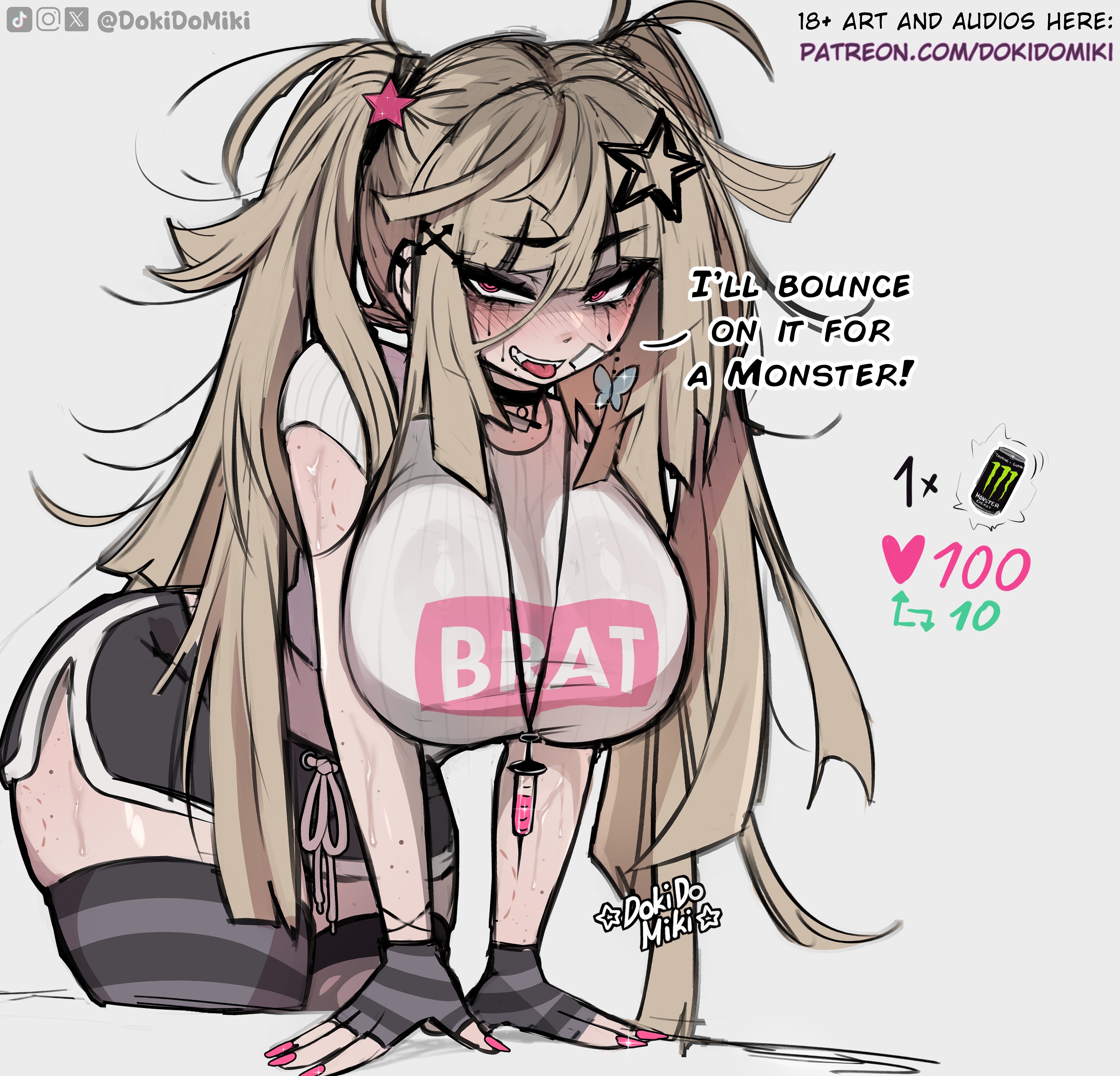 dokidomiki, monster energy, original, absurdres, commentary, english commentary, highres, 1girl, artist name, bite mark, bite mark on arm, bite mark on leg, bite mark on thigh, black choker, black gloves, black shorts, black thighhighs, blonde hair, blush, breasts, butterfly earrings, can, choker, clothes writing, dolphin shorts, drink can, earrings, english text, fingerless gloves, fingernails, gauze, gauze on cheek, gauze on face, gloves, hair between eyes, hair ornament, instagram logo, jewelry, large breasts, leaning forward, long hair, looking at viewer, makeup, mascara, messy hair, miki (dokidomiki), mole, mole under mouth, nail polish, necklace, open mouth, patreon username, pink eyes, pink nails, runny makeup, sanpaku, shirt, short shorts, short sleeves, shorts, simple background, skindentation, smile, solo, star (symbol), star hair ornament, striped clothes, striped gloves, striped thighhighs, sweat, syringe, syringe necklace, t-shirt, talking, teeth, thigh freckles, thighhighs, tiktok logo, tongue, tongue out, twitter strip game, twitter username, twitter x logo, two side up, uneven bangs, upper teeth only, white background, white shirt