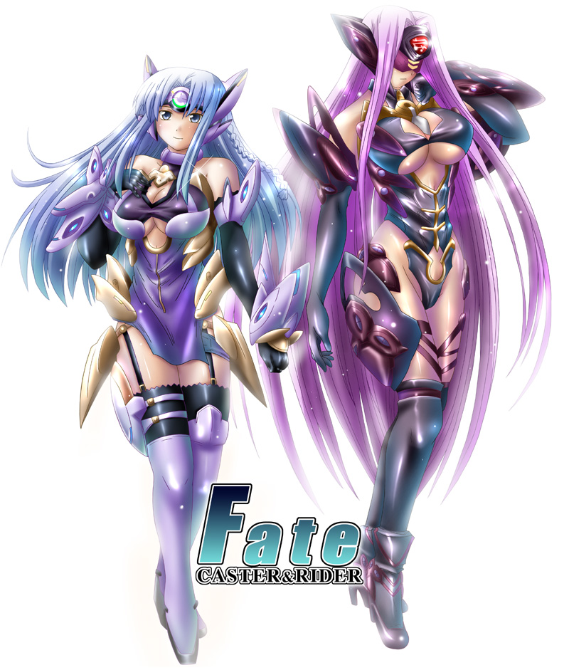 steed (steed enterprise), kos-mos, kos-mos ver. 4, medea (caster) (fate), medea (fate), medusa (fate), medusa (rider) (fate), t-elos, fate/stay night, fate (series), xenosaga, xenosaga episode iii, 2girls, android, bare shoulders, breasts, character name, cleavage, cleavage cutout, clothing cutout, copyright name, cosplay, cyborg, elbow gloves, garter straps, gloves, high heels, kos-mos (cosplay), large breasts, long hair, look-alike, multiple girls, shoes, t-elos (cosplay), thighhighs, underboob, very long hair