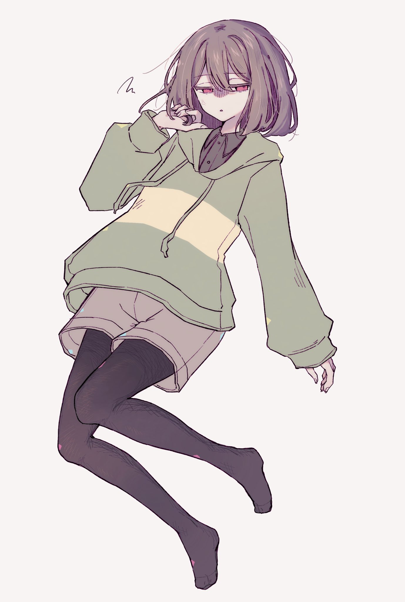 chara (undertale), undertale, utdr (toby fox), highres, 1other, :<, androgynous, anger vein, annoyed, black pantyhose, brown hair, brown shorts, full body, green sweater, half-closed eyes, no shoes, okura 0915, pantyhose, red eyes, short hair, shorts, simple background, sleeves past wrists, solo, squiggle, striped clothes, striped sweater, sweater, two-tone sweater, white background
