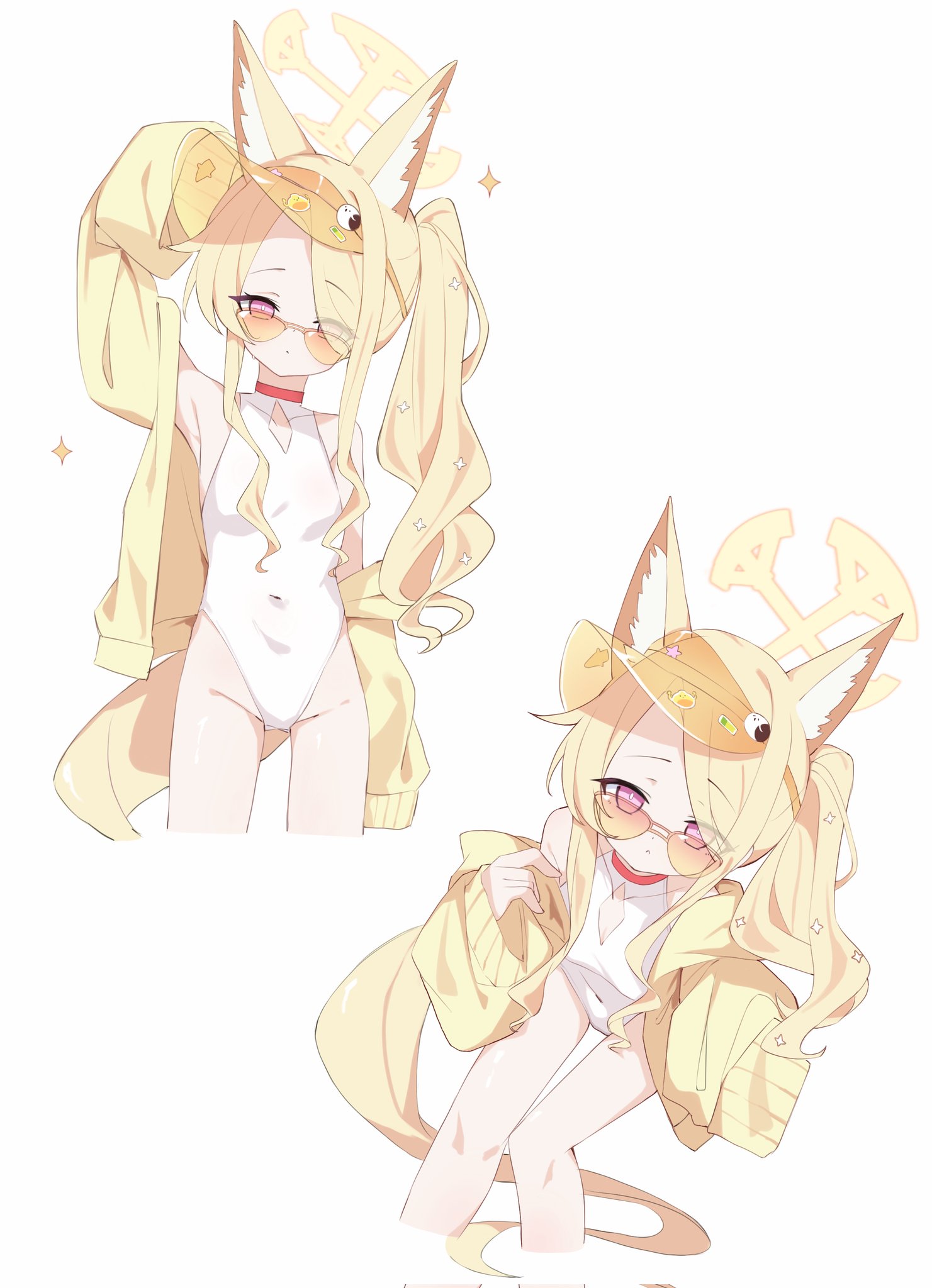 kkurovo, seia (blue archive), seia (swimsuit) (blue archive), blue archive, highres, 1girl, alternate costume, animal ears, blonde hair, blush, breasts, casual one-piece swimsuit, covered navel, fox ears, fox girl, fox tail, halo, hat, long hair, looking at viewer, multiple views, one-piece swimsuit, side ponytail, simple background, small breasts, sunglasses, swimsuit, tail, tinted eyewear, visor cap, white background, white one-piece swimsuit, yellow hat