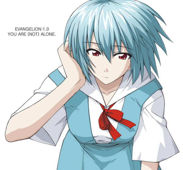 mikagami sou, ayanami rei, neon genesis evangelion, blue hair, red eyes, school uniform, serafuku, short hair, solo