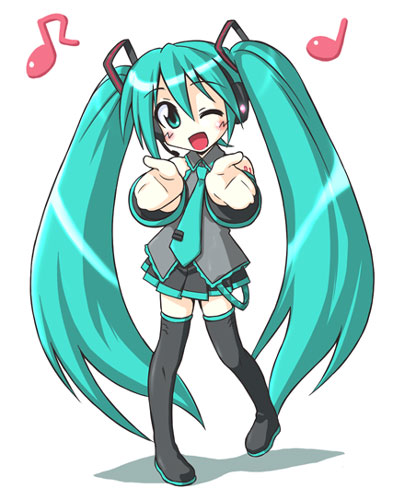 mikagami sou, hatsune miku, vocaloid, lowres, 1girl, female focus, green eyes, green hair, long hair, matching hair/eyes, musical note, necktie, one eye closed, open mouth, simple background, solo, thighhighs, twintails, very long hair, white background, wink