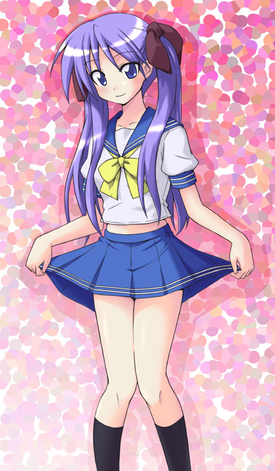 mikagami sou, hiiragi kagami, lucky star, 00s, clothes lift, curtsey, long hair, miniskirt, school uniform, serafuku, skirt, skirt lift, smile, solo, twintails