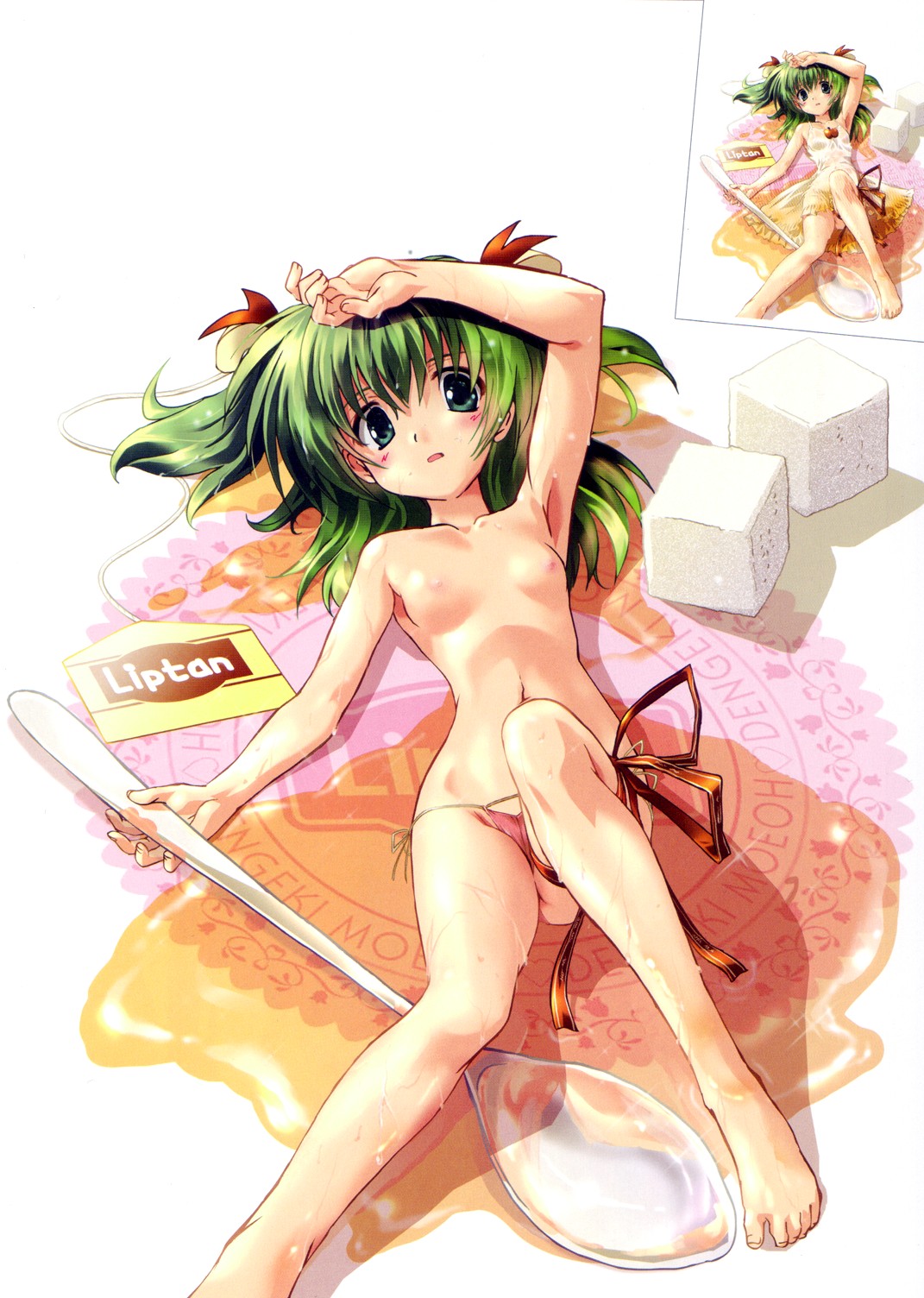 komatsu eiji, liptan, original, highres, 1girl, arm up, armpits, barefoot, blush, breasts, comparison, feet, female focus, flat chest, green eyes, green hair, leg ribbon, legs, looking at viewer, lying, matching hair/eyes, mini person, minigirl, navel, nipples, on back, open mouth, panties, personification, product girl, red panties, ribbon, side-tie panties, small breasts, solo, spoon, string panties, sugar cube, teabag, thigh ribbon, toes, topless female, two side up, underwear, underwear only, wet