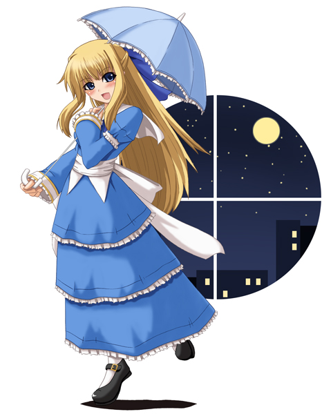 kokorono arika, original, 1girl, :d, blonde hair, blue eyes, blush, dress, female focus, full moon, long hair, mary janes, moon, night, open mouth, round window, shoes, sky, smile, solo, star (sky), starry sky, umbrella, window