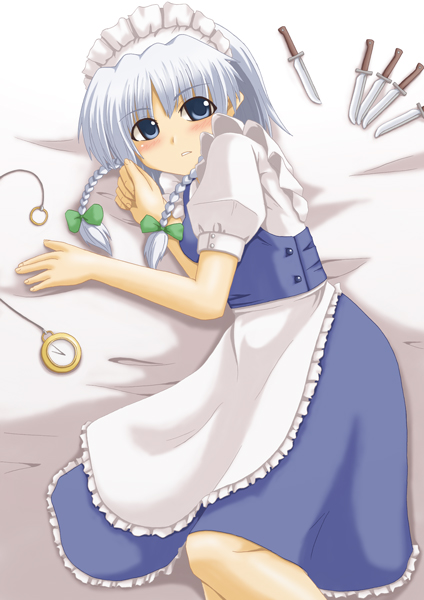 kokorono arika, izayoi sakuya, touhou, silver hair, 1girl, blush, braid, dress, female focus, knife, maid, short hair, solo, throwing knife, twin braids, weapon